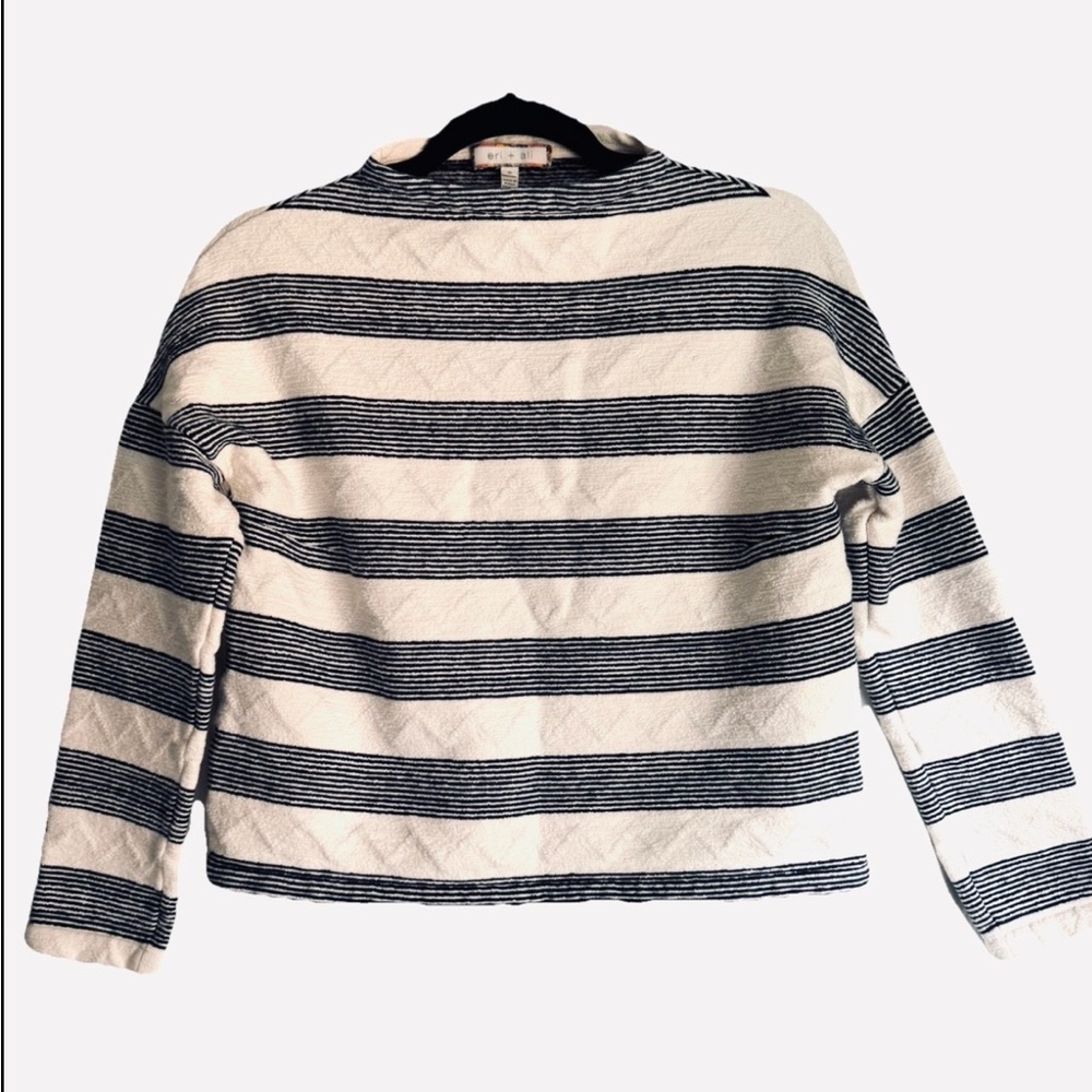 ANTHROPOLOGIE eri & ali Cropped White Blue Striped Mock Neck Sweater Sz S